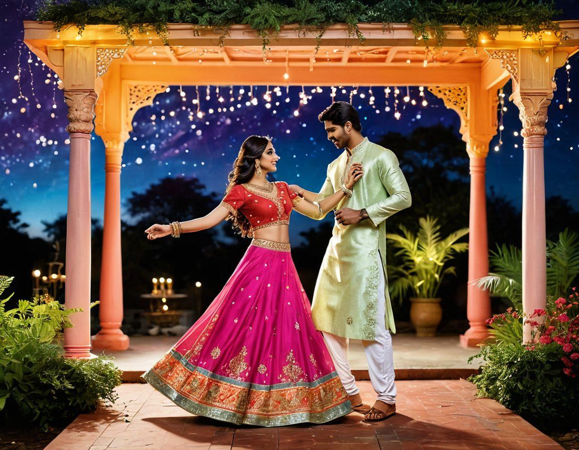 A vibrant and romantic scene depicting a couple dancing under a starlit sky, surrounded by lush greenery and colorful Bollywood-style decor. The male figure wears a traditional kurta, while the female figure is dressed in a flowing lehenga, both radiating joy and allure. Soft lights twinkle in the background, capturing the essence of romantic Bollywood allure. super-realistic. vibrant colors. dreamy atmosphere.