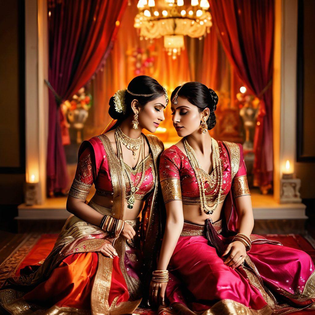 A glamorous Bollywood scene featuring a couple in an intimate pose, adorned in traditional Indian attire with vibrant colors. The background is a lavish set inspired by Bollywood films, embellished with rich drapes and intricate decor. The couple's expressions should evoke passion and elegance, capturing the essence of romantic affection. Soft lighting enhances the mood, creating a dreamy atmosphere. super-realistic. vibrant colors. cinematic.