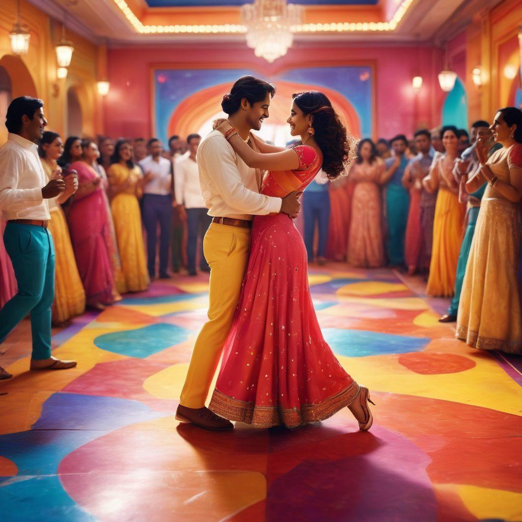 A vibrant, dynamic scene illustrating a couple dancing passionately on a colorful dance floor, surrounded by lively audience members. In the background, iconic scenes from classic Desi films subtly blend into a dreamy atmosphere, symbolizing intimacy and connection. The foreground features heart-shaped motifs, representing the theme of love and emotional connection. Bright, cheerful colors evoke a sense of joy and celebration. super-realistic. vibrant colors. 3D.